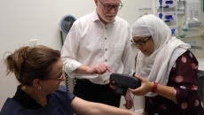 Dr Noor E Karishma Shaik demonstrating her AI-powered rapid skin cancer diagnostic device 