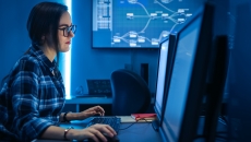 A computer programmer using a desktop computer