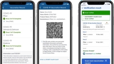 Smartphones displaying the app showing the COVID-19 vaccination information from a member's view and from a verifier's view