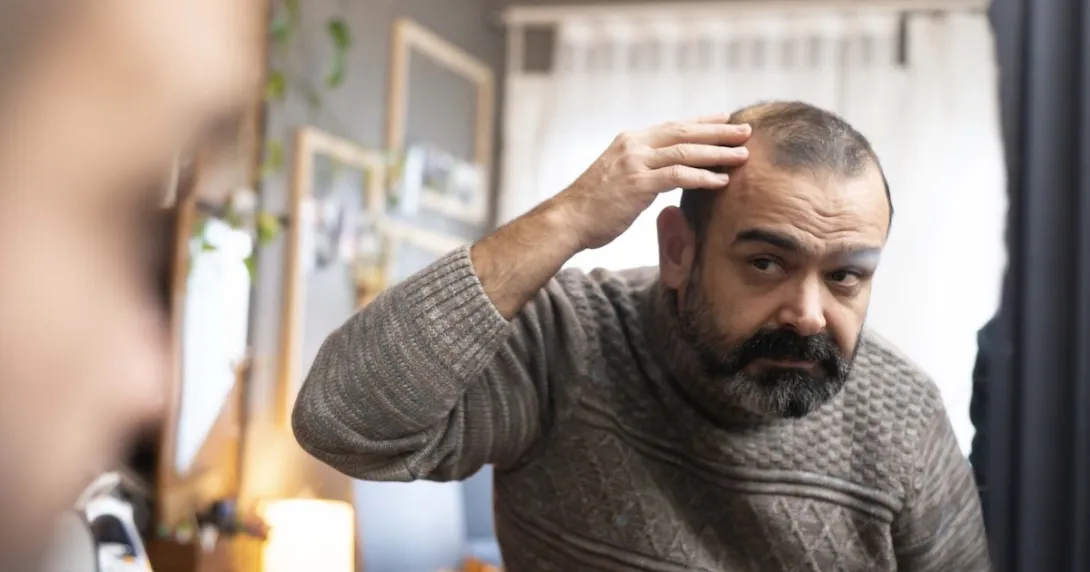 Man examining his hair and scalp