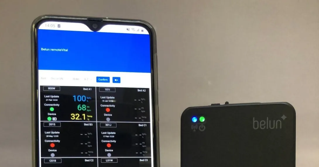 Belun remoVital remote monitoring system consisting of Belun ring and medical IoT with temperature sensors and data transmitters