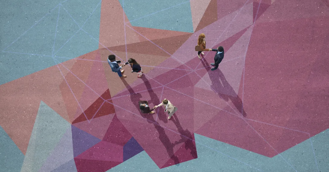 Deal symbolized by three pairs of people shaking hands in a plaza