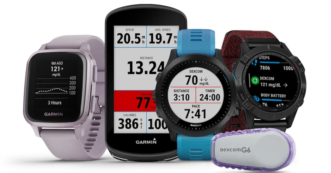 A collection of Garmin products alongside the Dexcom G6