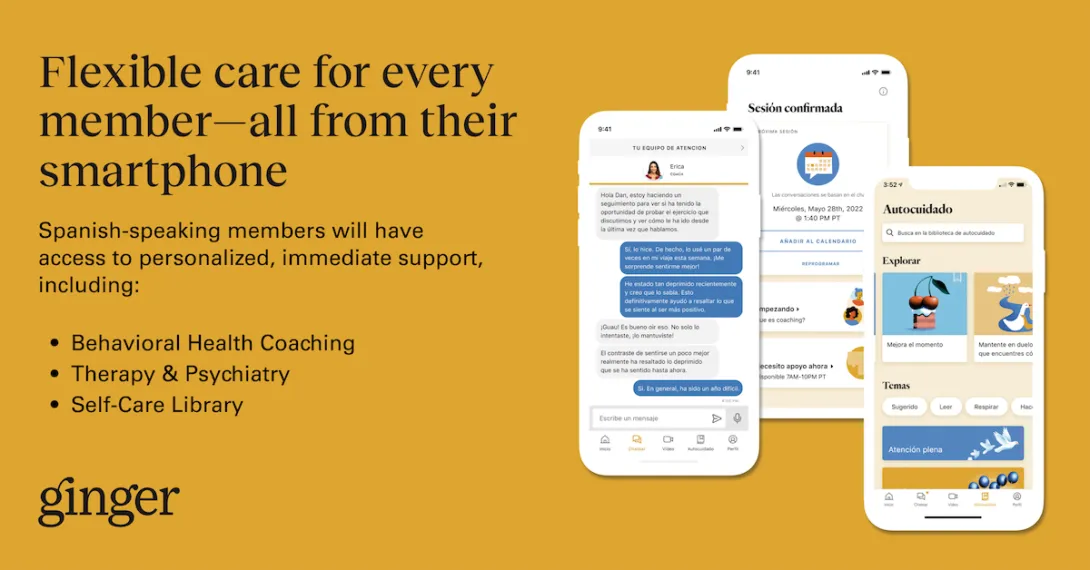 Images of smartphones displaying the Ginger app in Spanish