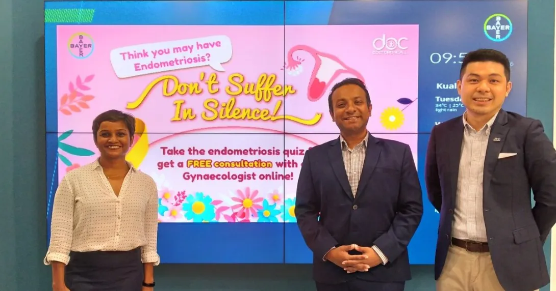 Yamini Prakash, Country Division Head of Bayer Pharmaceuticals Malaysia, Singapore and Brunei; Maran Virumandi, CEO and Founder of DoctorOnCall; and Chiak Tang, COO of DoctorOnCall pose for a photo during the launch of their telehealth platform dedicated to endometriosis.