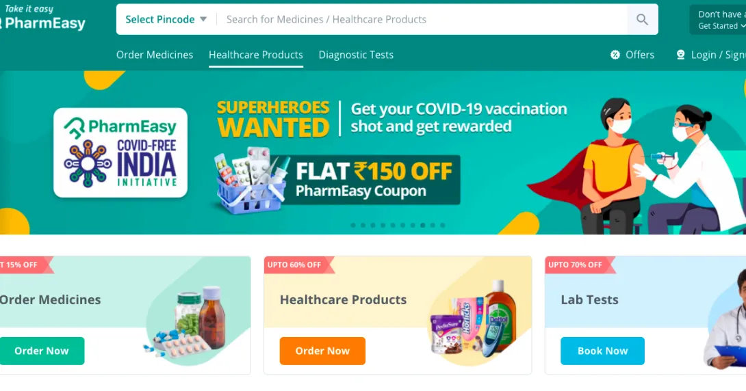 Alt text: A screenshot of PharmEasy's website