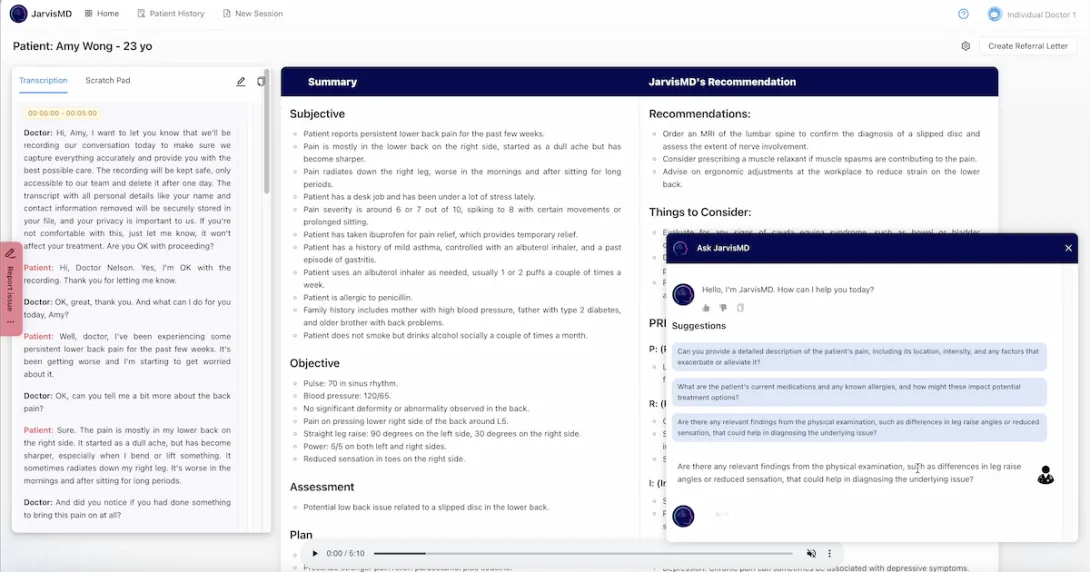 UI screenshot of JarvisMD by HealthBridge AI