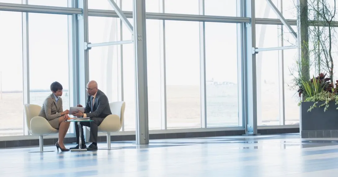 Two professionals meeting in an office.